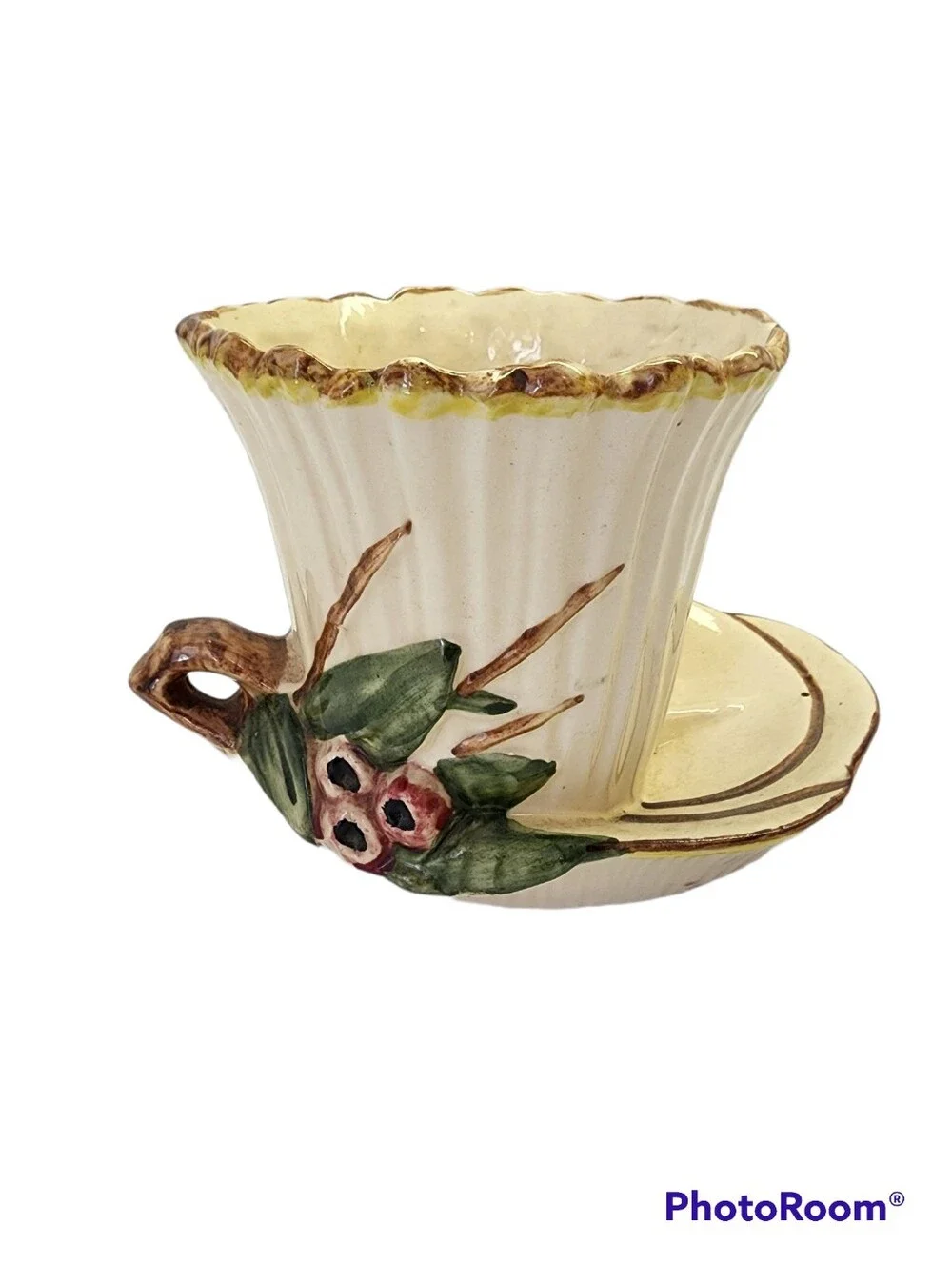 Vintage McCoy Ceramic Cream Decorative Lotus Teacup Planter Green Leaf Accent